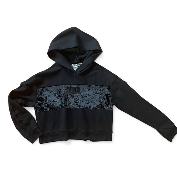 VICTORIA'S SECRET Women’s PINK CROPPED HOODIE VELVET LOGO LONG SLEEVE BLACK SZ S - Picture 1 of 7